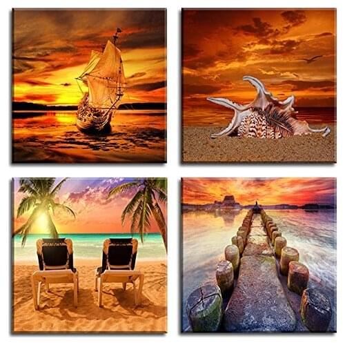Ocean Sunset Canvas Wall Art Beach Home Decoration Paintings Sunset Canvas Art Coast Nature Pictures Modern Art Sailing