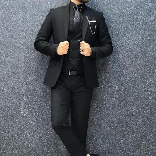 Autumn Fashion Male Costume Black Mens Slim Suit Groom Wedding Dress Beach Party Dinner Party Tuxedo Suits (Blazer+Pants+Vest)