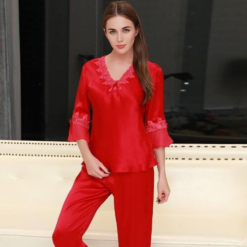 Real Silk Pajamas For Women Sets Suit Bowknot Ladies Silk Long-Sleeved Trousers Red Pink 100% Mulberry Silk Pyjamas