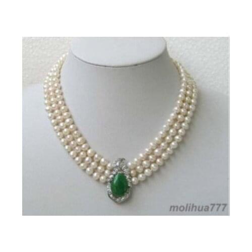 3 rows Genuine white pearl pendant created jades necklace