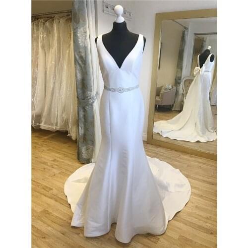 Mermaid Satin Wedding Dress CY-0507 Sweetheart Tank Straps Large Size Bow Low V Back Beading Belt Hochzeit Vestido De Casamento