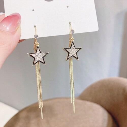 RUIYI Full diamond five pointed star Tassel Earrings, thin face earrings, personalized new year Earrings(E0466)