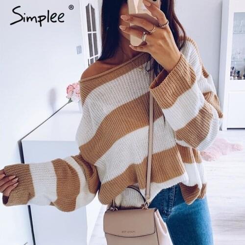 Simplee Striped knitted sweater women O neck thick pullover female jumper Loose soft streetwear casual wool sweater winter