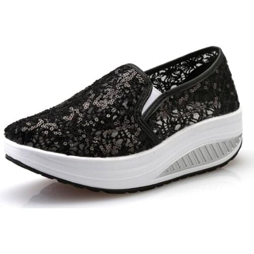 Casual Woman Pumps 2020 Summer New Sequins Net Yarn Shoes Breathable Swing Shoes Womens Platform Wedge Sandals Size 35-40