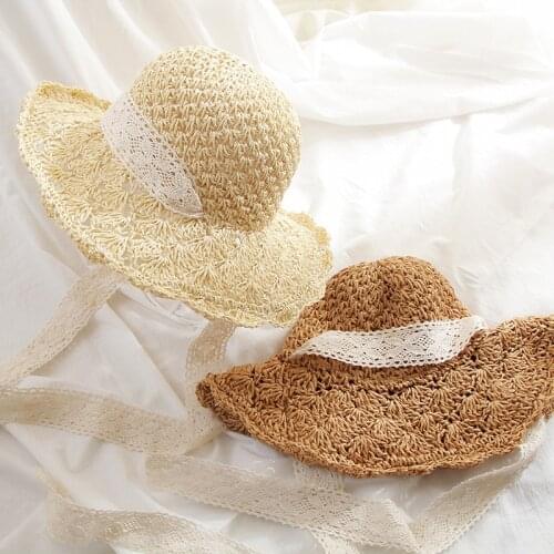 H7453 Summer New Hand-woven Straw Sun Hat Women Lace Strap Outdoor Sunshade Cap Ladies Beach Holiday Sunscreen Foldable Hats
