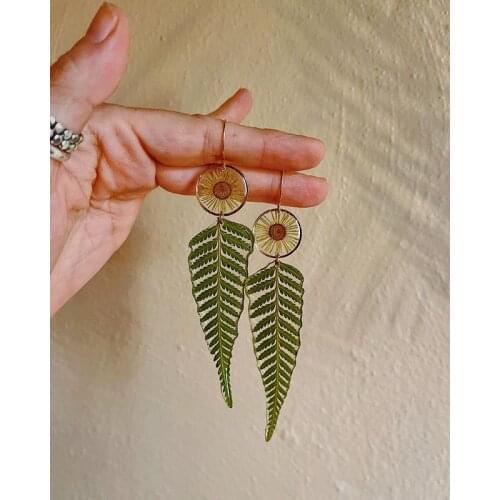 The Golden Preserved Fern with Daisy earrings, Wanderlust Jewelry, Hypoallergenic