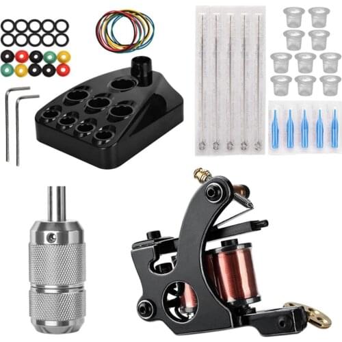 10 Coil Machine Aluminum Alloy Grip Ink Holder Cups Caps Rack Set