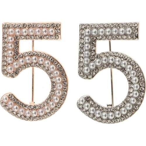 2 Pieces Rhinestone Brooch Pin Lucky Number Five Lady Dress Collar Badge Charms