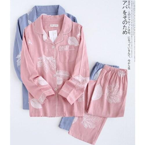 Korea Fresh maple leaf pajama sets women 100% gauze cotton long sleeve casual sleepwear women pyjamas summer hot sale 2020