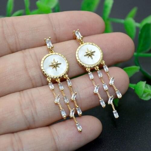 New Design Fashion CZ Stone Setting Tassel Dangle Earrings White Shell With Star Paved Gold Palting Women Stud Earring 5pairs