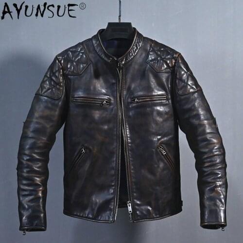 AYUNSUE 2020 Vintage Genuine Leather Jacket Men 100% Cowhide Coat Motorcycle Mens Jackets and Coats Spring Autumn Hommes Veste