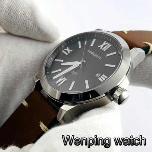 Corgeut 41mm 2020 new mens leisure top watches silver case black dial date seagull movement automatic mens watch
