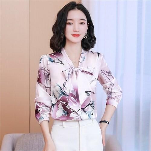 Dropshipping New Spring Summer Fall Floral Print Bow Tie Neck Long Sleeve Women Ladies Party Casual OL Work Top Shirt Blouse