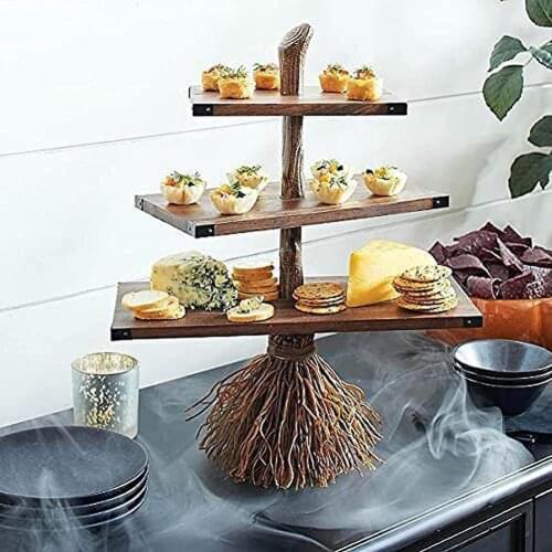 Halloween Creative Witch Broom Stroage Rack Table Decoration Snack Stand Fruit Salad Bowl Dessert Plate