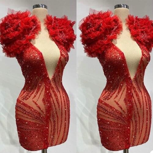 Custom Made Red Evening Dresses Designer Shorts Prom Dress Sexy Party Dress Sheath illusion Dress