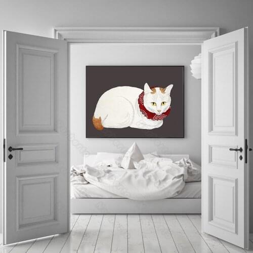 Animal Pictures Canvas Painting Wall Poster a Cute White Fat Cat with Red Collar On Black Background for Home Rooms Wall Decorat