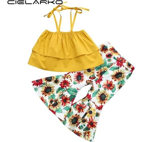 Cielarko Fashion Girls Clothing Set Summer Flower Print 2 pcs Yellow Kids Clothes Sets Toddler Strap Short Tops + Flare Pants