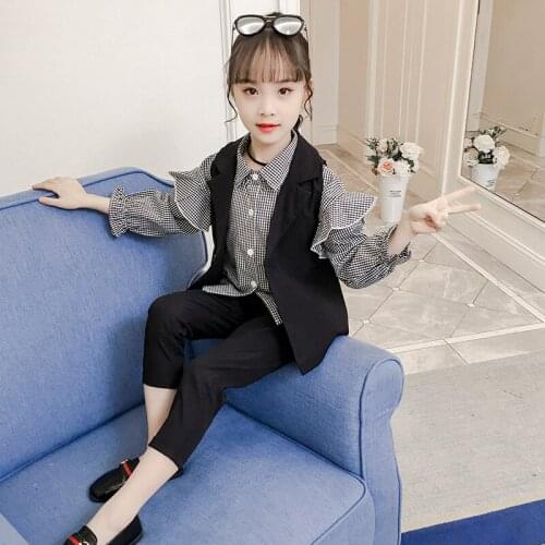 Girls Suits Vest+Blouse+Pant Sets 2021 Black Spring Autumn High Quality Formal Party Outfits Sport Teenagers Kids Cotton Tracksu