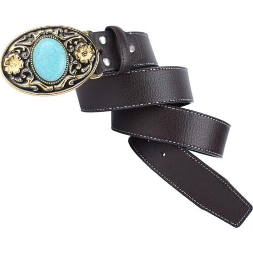 Western Leather Belt Strap Arabesque Pattern Buckle Adjustable