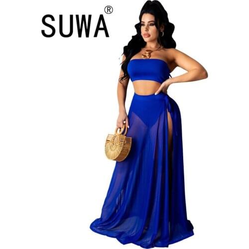 French Style Summer Two Piece Sets Womens Outfits Sleeveless Crop Top High Waist Chiffon Skirts Long Dresses Sexy Party Wear