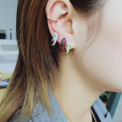 Trendy Snake Rhinestone Hoop Earring Gold Color Copper Animal Earring For Women Hinged Huggie Jewelry Punk Hiphop