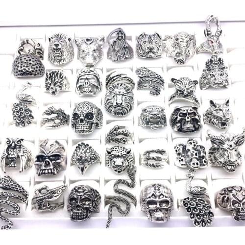 MixMax 20PCs Men Womens Fashion Rings Metal Punk Skull Skeleton Animal Silver Plated Exaggerated Party Jewelry Wholesale