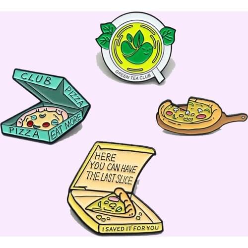 2021 New Arrival Green Plant Elf Pizza Food Enamel Jewelry Cartoon Pizza Club Takeaway Fast Food Badge Pendant Gifts