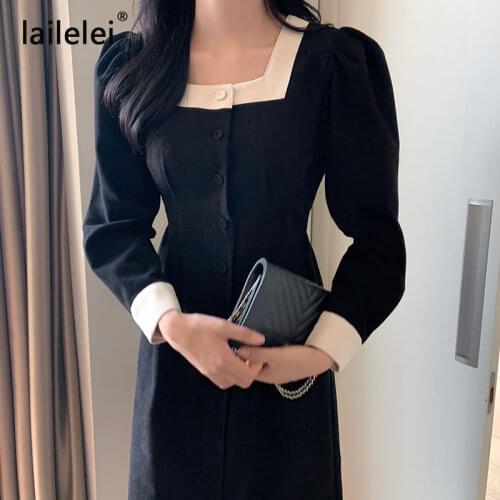 Square Collar Patchwork Vestido Midi Puff Long Sleeve Dress French Vintage Elegant Jurken Office Party Spring Autumn Robe Femme