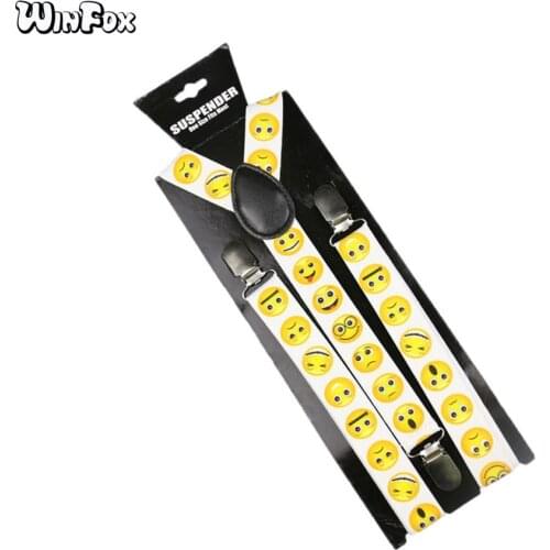 Winfox Fashion Yellow Smile Face Suspenders For Women Men Black White 2.5cm Wide Elastic Suspenders Braces suspensorio