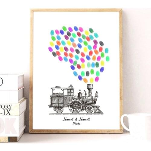 Custom Theme Name Date Personalized Steam Train Wedding Car Fingerprint DIY Guestbook For Wedding & Wedding Anniversary Souvenir