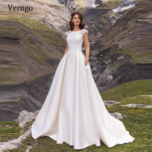 Verngo Simple Elegant A Line Satin Wedding Gowns With Pockets 3D Flowers Cap Sleeves Vintage 2021 Bridal Dress Buttons Back