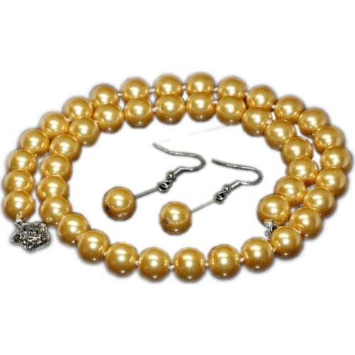 Simple Simulated Pearl Bridal Jewelry Set Golden Roubd Shell 10mm Fashion Wedding Necklace Earrings Sets For Women 18inch B2329