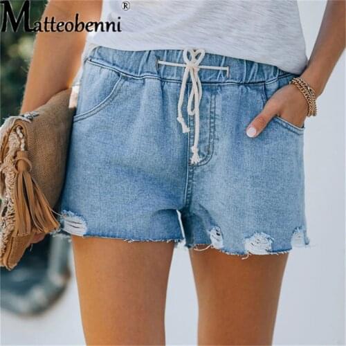 Summer Womens Fashion Denim Shorts Pocket Tassel Drawstring Casual Shorts Female Solid Color Elastic Waist Straight Jean Shorts