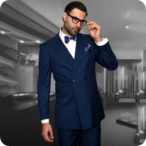Navy Blue Mens Classic Suits Groom Wedding Tuxedo Double Breasted Custom Made Man Blazer 2Piece Coat Pants Costume Homme Ternos