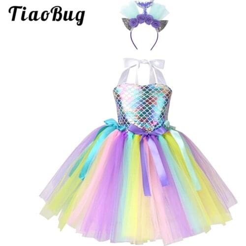 TiaoBug Kids Shiny Printed Halter Mesh Dress with Hair Hoop Set Children Girls Halloween Carnival Birthday Party Mermaid Costume