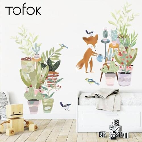 Tofok Fox Garden Watering Plants DIY Wall Sticker Self-adhesive Cartoon Mural Decals for Living Room Bedroom Nursery Office