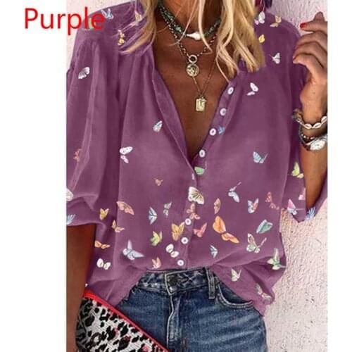 Womens Top Casual Female Fashion Long Sleeve Shirts Ladies Loose Spring Autumn Vintage Button Butterfly Print Streetwear Office