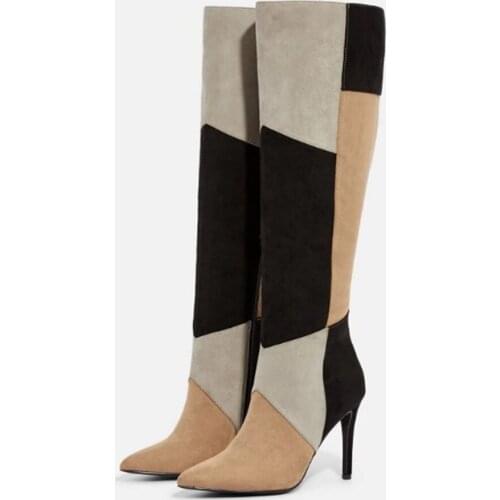 Suede Patchwork Knee High Boots Mixed Color High Heel Stiletto Pointed Toe Winter Women Shoes Custom Made Zip Up Size 10