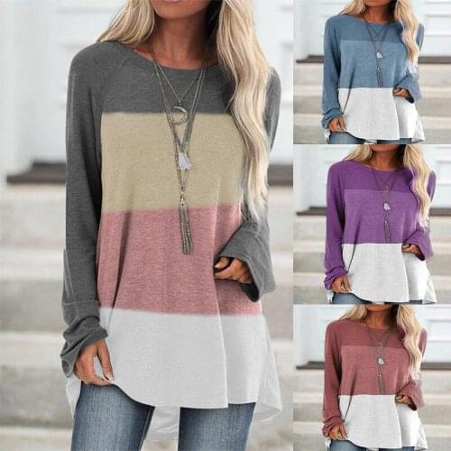 Long-sleeved Multicolor Casual Loose T-shirt Pullover Top Round Neck Multicolor Stitching Print Street Plus Size Women Clothing