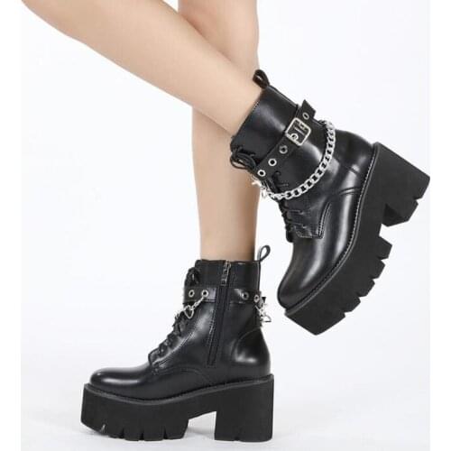 Punk Style Platform Women Ankle Boots Womens Motorcycle Boot Fashion Ladies Chunky Shoes Metal Decor Black BIG size 41 43 44