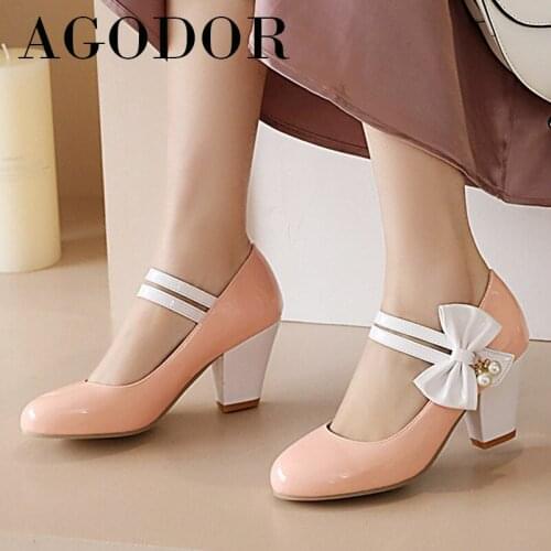 AGODOR 2021 Spring High Heels Mary Janes Shoes Women Bow Thick Heel Dress Pumps Pearl Round Toe Ladies Footwear Red Big Size 48