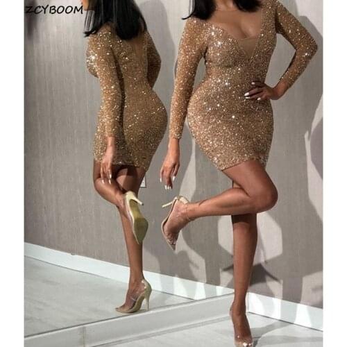 Short Mermaid Shiny Sequined Cocktail Dresses 2021 Formal Party Women Prom Dresses V-Neck Long Sleeves Graduation Evening Gowns