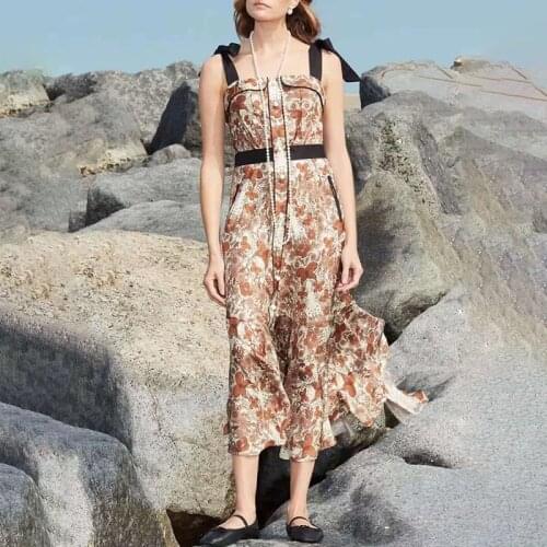 2021 Summer New Printed Sleeveless Sling High Waist Fashion Temperament Long Dress Woman