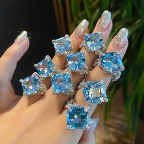 Fashion Female Sea Blue Crystal Zircon Ring 925 Silver Luxury Wedding Bands Eternity Finger Rings Female Accessories Gift