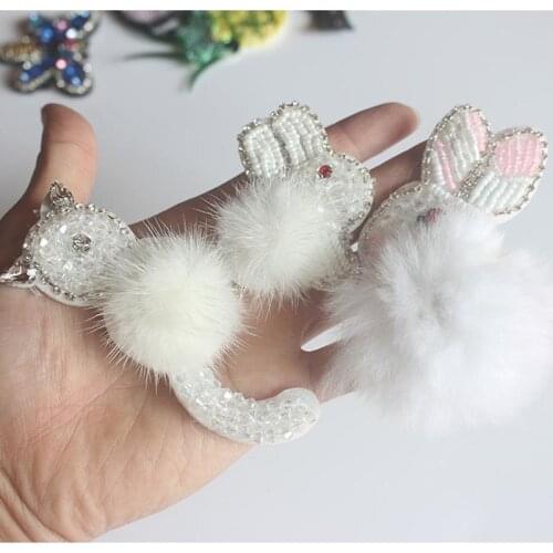 3pcs White fur rabbit Patch for Clothes Sewing on Rhinestone Beaded Applique Jackets Jeans Bags Shoes Sweater Beading Applique