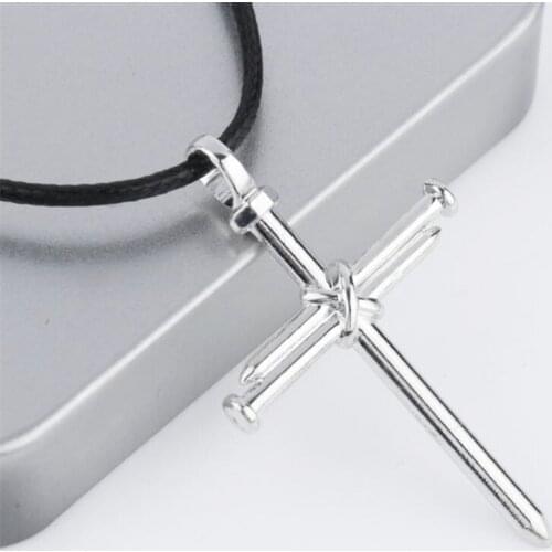 Leather Rope Chain Creative Necklace Gifts Jewelry Men Jewelry Stainless Steel Nail Cross Pendant Necklace Silver Color Pendant