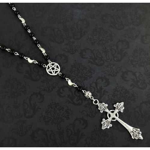 Gothic Rosary Necklace - Gothic Prayer Beads, Pentagram Necklace, Beaded Trad Goth Necklace, Gothic Cross Necklace