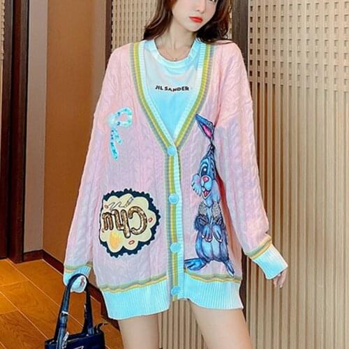 Fashion WomenS Cardigan Sweaters Oversized Cartoon Embroidery Sequins Sequins V-Neck Single Breasted Warm Outerwear Свитер
