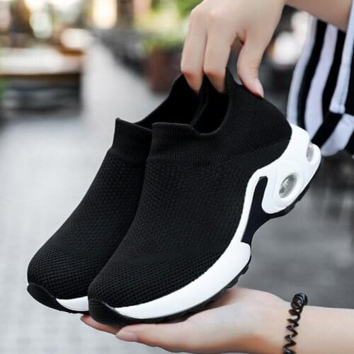 Women Walking Shoes Flat Platform Slip on Mesh Wedge Sneakers Loafers Black Sock Shoes Female Stretch Creepers Female Footwears