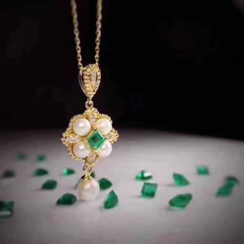 Natural green emerald gem pendant S925 silver Natural gemstone Pendant Necklace trendy Flower Pearl women party jewelry